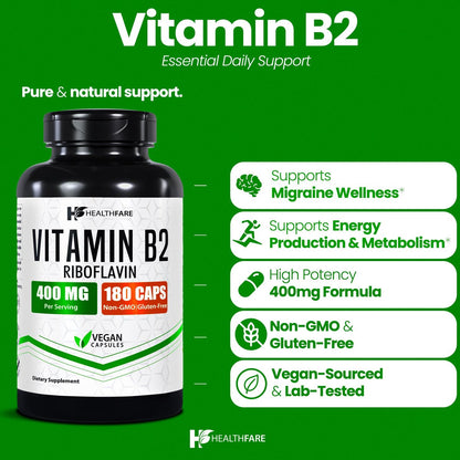 Healthfare Vitamin B2 Riboflavin 400 mg | 180 vegane Kapseln | Hochdosiert | Nicht-GMO | Glutenfrei | Hergestellt in den USA