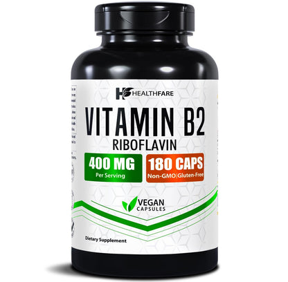 Healthfare Vitamin B2 Riboflavin 400 mg | 180 vegane Kapseln | Hochdosiert | Nicht-GMO | Glutenfrei | Hergestellt in den USA