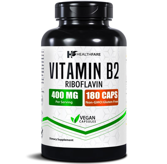 Healthfare Vitamin B2 Riboflavin 400 mg | 180 vegane Kapseln | Hochdosiert | Nicht-GMO | Glutenfrei | Hergestellt in den USA