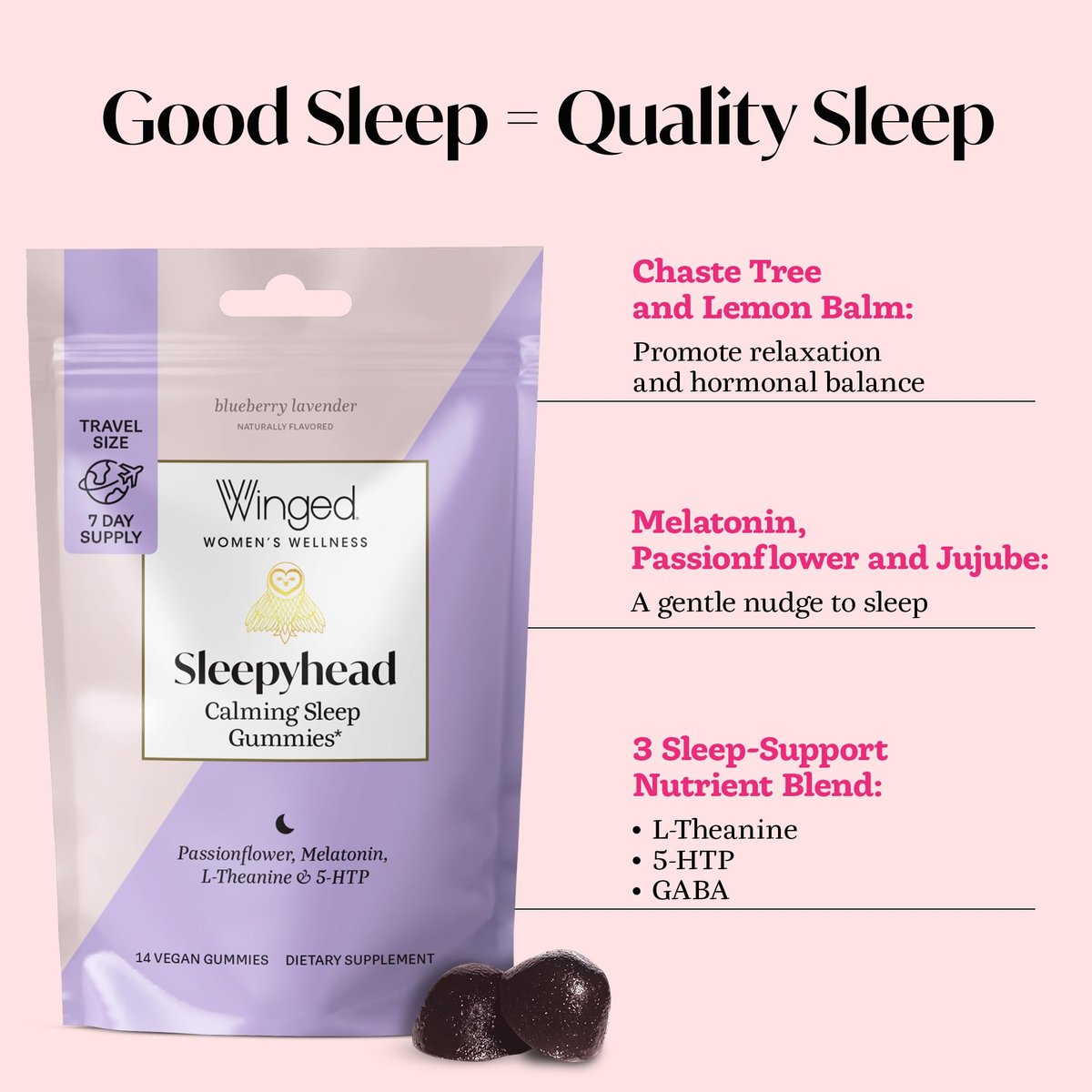 Winged Wellness Sleepyhead Natürliche Schlafgummis für Frauen - Schlafunterstützung für Erwachsene mit 3 mg Melatonin, L-Theanin, 5-HTP - Natürliches Gummipräparat - Blaubeer-Lavendel, 14 vegane Gummis