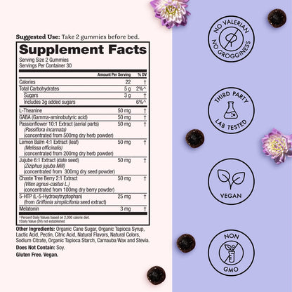 Winged Wellness Sleepyhead Natürliche Schlafgummis für Frauen - Schlafunterstützung für Erwachsene mit 3 mg Melatonin, L-Theanin, 5-HTP - Natürliches Gummipräparat - Blaubeer-Lavendel, 14 vegane Gummis