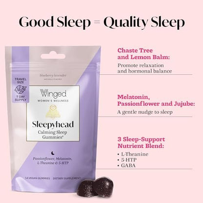 Winged Wellness Sleepyhead Natürliche Schlafgummis für Frauen - Schlafunterstützung für Erwachsene mit 3 mg Melatonin, L-Theanin, 5-HTP - Natürliches Gummipräparat - Blaubeer-Lavendel, 14 vegane Gummis