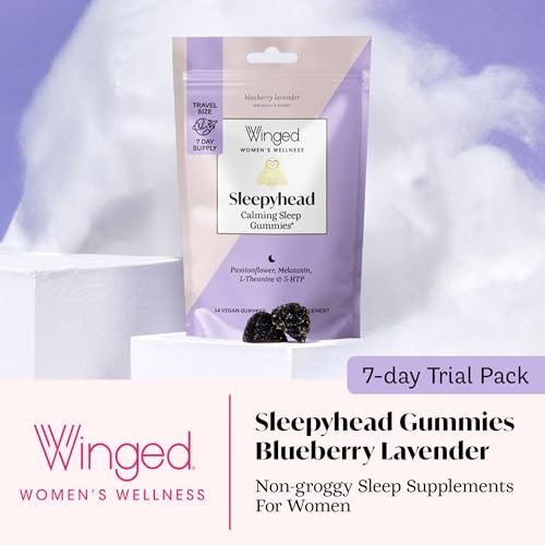 Winged Wellness Sleepyhead Natürliche Schlafgummis für Frauen - Schlafunterstützung für Erwachsene mit 3 mg Melatonin, L-Theanin, 5-HTP - Natürliches Gummipräparat - Blaubeer-Lavendel, 14 vegane Gummis