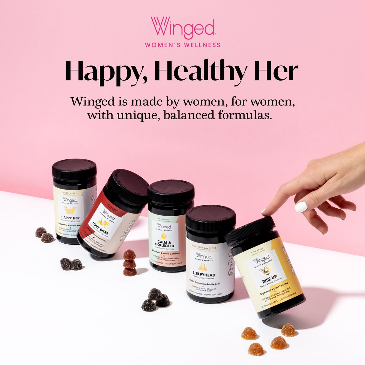 Winged Wellness Sleepyhead Natürliche Schlafgummis für Frauen - Schlafunterstützung für Erwachsene mit 3 mg Melatonin, L-Theanin, 5-HTP - Natürliches Gummipräparat - Blaubeer-Lavendel, 14 vegane Gummis