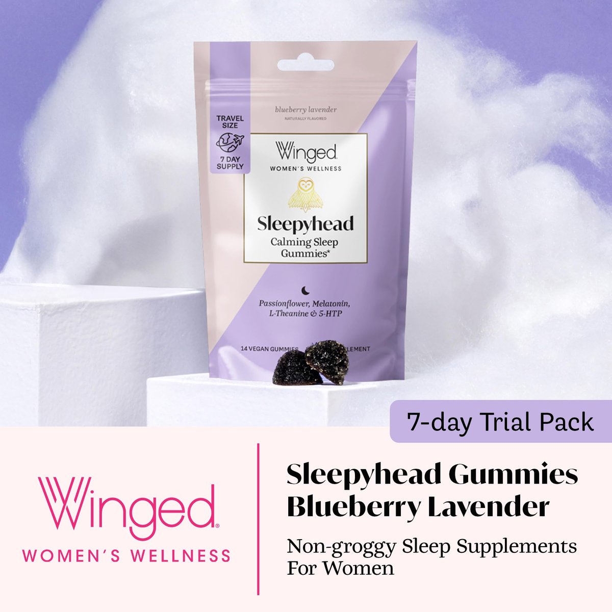 Winged Wellness Sleepyhead Natürliche Schlafgummis für Frauen - Schlafunterstützung für Erwachsene mit 3 mg Melatonin, L-Theanin, 5-HTP - Natürliches Gummipräparat - Blaubeer-Lavendel, 14 vegane Gummis