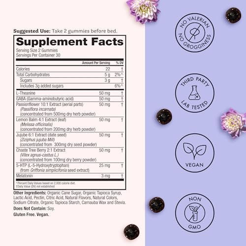 Winged Wellness Sleepyhead Natürliche Schlafgummis für Frauen - Schlafunterstützung für Erwachsene mit 3 mg Melatonin, L-Theanin, 5-HTP - Natürliches Gummipräparat - Blaubeer-Lavendel, 14 vegane Gummis