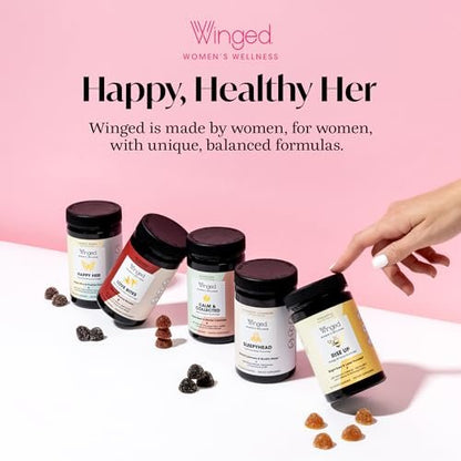 Winged Wellness Sleepyhead Natürliche Schlafgummis für Frauen - Schlafunterstützung für Erwachsene mit 3 mg Melatonin, L-Theanin, 5-HTP - Natürliches Gummipräparat - Blaubeer-Lavendel, 14 vegane Gummis