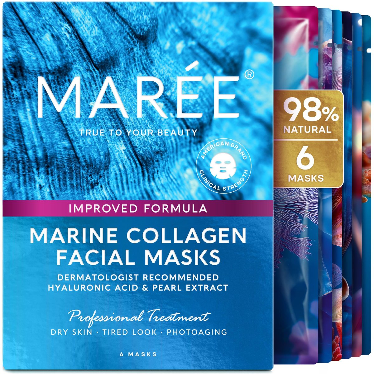 MAREE Kollagen-Gesichtsmaske mit Hyaluronsäure — Tuchmasken Hautpflege — Centella Asiatica, Grün- & Rotalgenextrakt — Feuchtigkeitsspendende Gesichtsmaske für Damen Hautpflege — 6 Stück