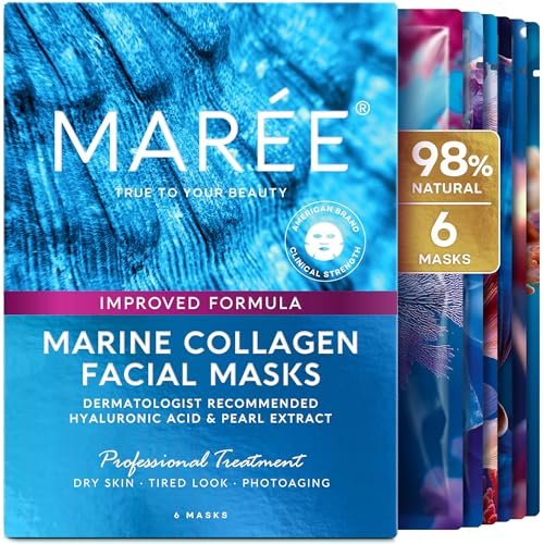 MAREE Kollagen-Gesichtsmaske mit Hyaluronsäure — Tuchmasken Hautpflege — Centella Asiatica, Grün- & Rotalgenextrakt — Feuchtigkeitsspendende Gesichtsmaske für Damen Hautpflege — 6 Stück