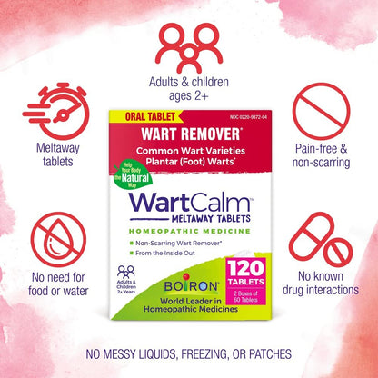 Boiron WartCalm – Schmerzfreie Warzenentfernung für Hände, Knie, Füße & Körper – 120 Tabletten (2 x 60) für Erwachsene & Kinder ab 2 Jahren