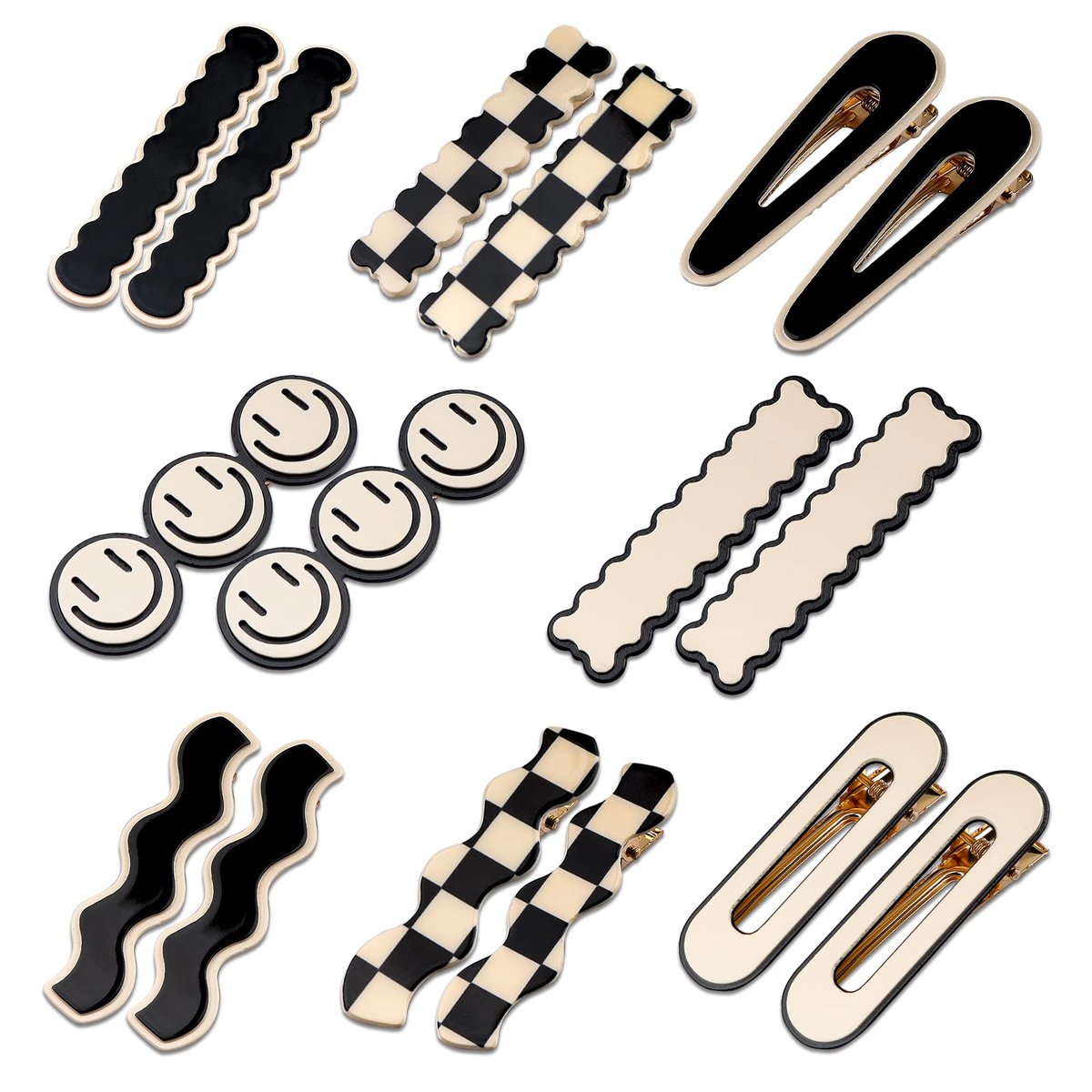 16 Stück Magicsky Einfache No-Bend Haarspangen, Schwarz-Weiß Karo Barrettes, Keine Abdrücke, Wellenförmige Geometrische Entenschnabelklammern, Koreanische Styling Minimalistische Haarnadeln, Haaraccessoires, Geschenke für Frauen und Mädchen