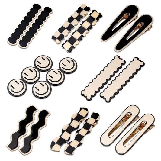16 Stück Magicsky Einfache No-Bend Haarspangen, Schwarz-Weiß Karo Barrettes, Keine Abdrücke, Wellenförmige Geometrische Entenschnabelklammern, Koreanische Styling Minimalistische Haarnadeln, Haaraccessoires, Geschenke für Frauen und Mädchen