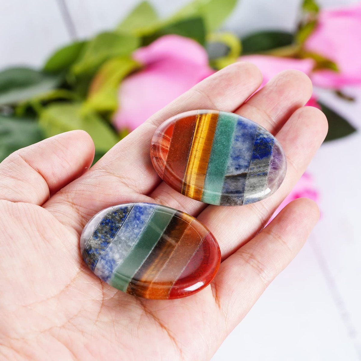 Marrywindix 2er-Pack Natürliche Daumen-Worry-Steine Set 7 Chakra-Heilsteine für Angst- und Stressabbau, Meditation, Kristalltherapie