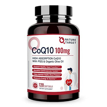 NATURE TARGET CoQ10 100 mg mit PQQ – 120 Softgel-Kapseln – Hochdosiertes Coenzym Q10 mit Bio-Olivenöl – Antioxidans für Herz, Gehirn und Zellenergie