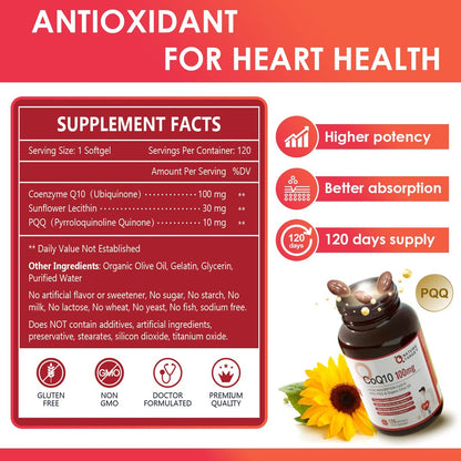 NATURE TARGET CoQ10 100 mg mit PQQ – 120 Softgel-Kapseln – Hochdosiertes Coenzym Q10 mit Bio-Olivenöl – Antioxidans für Herz, Gehirn und Zellenergie