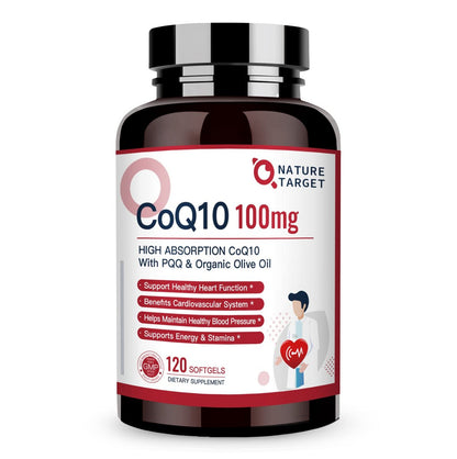 NATURE TARGET CoQ10 100 mg mit PQQ – 120 Softgel-Kapseln – Hochdosiertes Coenzym Q10 mit Bio-Olivenöl – Antioxidans für Herz, Gehirn und Zellenergie