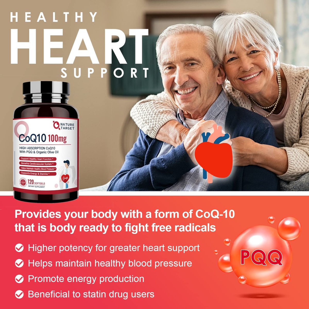 NATURE TARGET CoQ10 100 mg mit PQQ – 120 Softgel-Kapseln – Hochdosiertes Coenzym Q10 mit Bio-Olivenöl – Antioxidans für Herz, Gehirn und Zellenergie