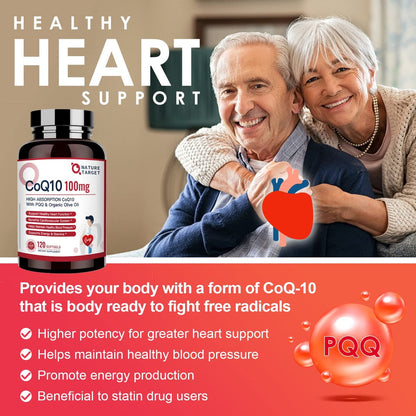 NATURE TARGET CoQ10 100 mg mit PQQ – 120 Softgel-Kapseln – Hochdosiertes Coenzym Q10 mit Bio-Olivenöl – Antioxidans für Herz, Gehirn und Zellenergie