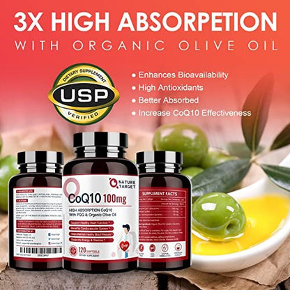 NATURE TARGET CoQ10 100 mg mit PQQ – 120 Softgel-Kapseln – Hochdosiertes Coenzym Q10 mit Bio-Olivenöl – Antioxidans für Herz, Gehirn und Zellenergie