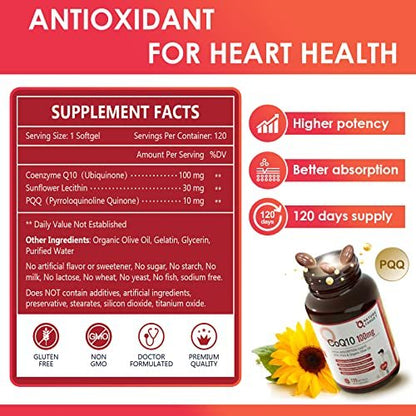 NATURE TARGET CoQ10 100 mg mit PQQ – 120 Softgel-Kapseln – Hochdosiertes Coenzym Q10 mit Bio-Olivenöl – Antioxidans für Herz, Gehirn und Zellenergie