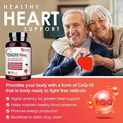 NATURE TARGET CoQ10 100 mg mit PQQ – 120 Softgel-Kapseln – Hochdosiertes Coenzym Q10 mit Bio-Olivenöl – Antioxidans für Herz, Gehirn und Zellenergie