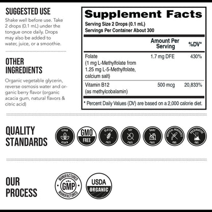 Organisches Methylfolat 1000 mcg + Methyl-B12 Co-Faktor (300 Portionen) – metabolisch aktive 5-MTHF-Form, Bio-Beeren-Geschmack, flüssige sublinguale Form – Stimmung, Kognition, Methylierung, Schwangerschaft (30 ml)