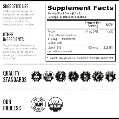 Organisches Methylfolat 1000 mcg + Methyl-B12 Co-Faktor (300 Portionen) – metabolisch aktive 5-MTHF-Form, Bio-Beeren-Geschmack, flüssige sublinguale Form – Stimmung, Kognition, Methylierung, Schwangerschaft (30 ml)