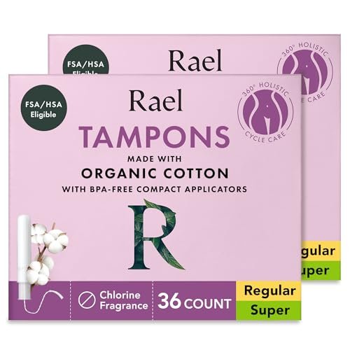 Rael Tampons mit Kompakt-Applikator, aus Bio-Baumwolle, Multipack, Regular & Super Saugstärke, BPA-frei, chlorfrei, Leak Locker Technologie (72 Stück, Bundle)