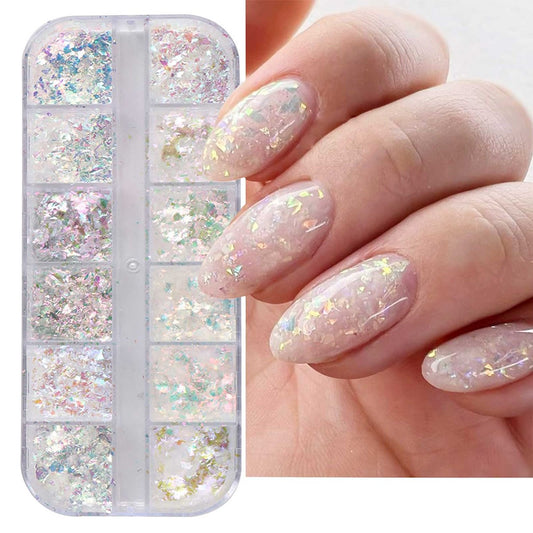 Holografischer Nagelkunst-Glitzer 12er-Pad – Irideszierende Flakes in Regenbogenfarben für sommerliche Nageldesigns