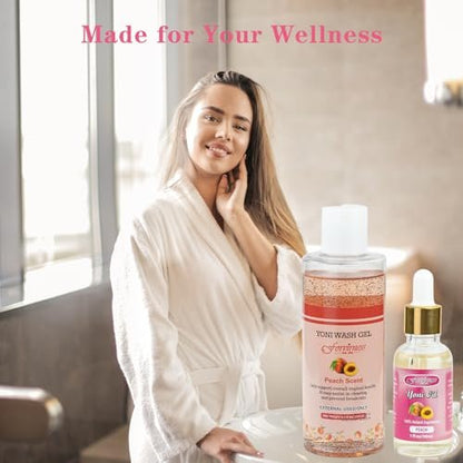 forvirness Natürliche feminine Waschlotion Yoni Öl Set, Körperreiniger mit Reinigungsfaktor, Yoni Wash für Frauen pH-Balance, 1 fl.oz Pfirsich Femininöl & 6,7 fl.oz Intimreiniger