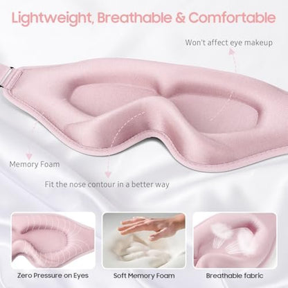 BeHoomi Schlafmaske – Premium Augenmaske für totales Blackout, superweicher Komfort, verstellbar, ergonomisches 3D-Design für Zuhause, Büro, Reisen, Meditation, Yoga, Pink