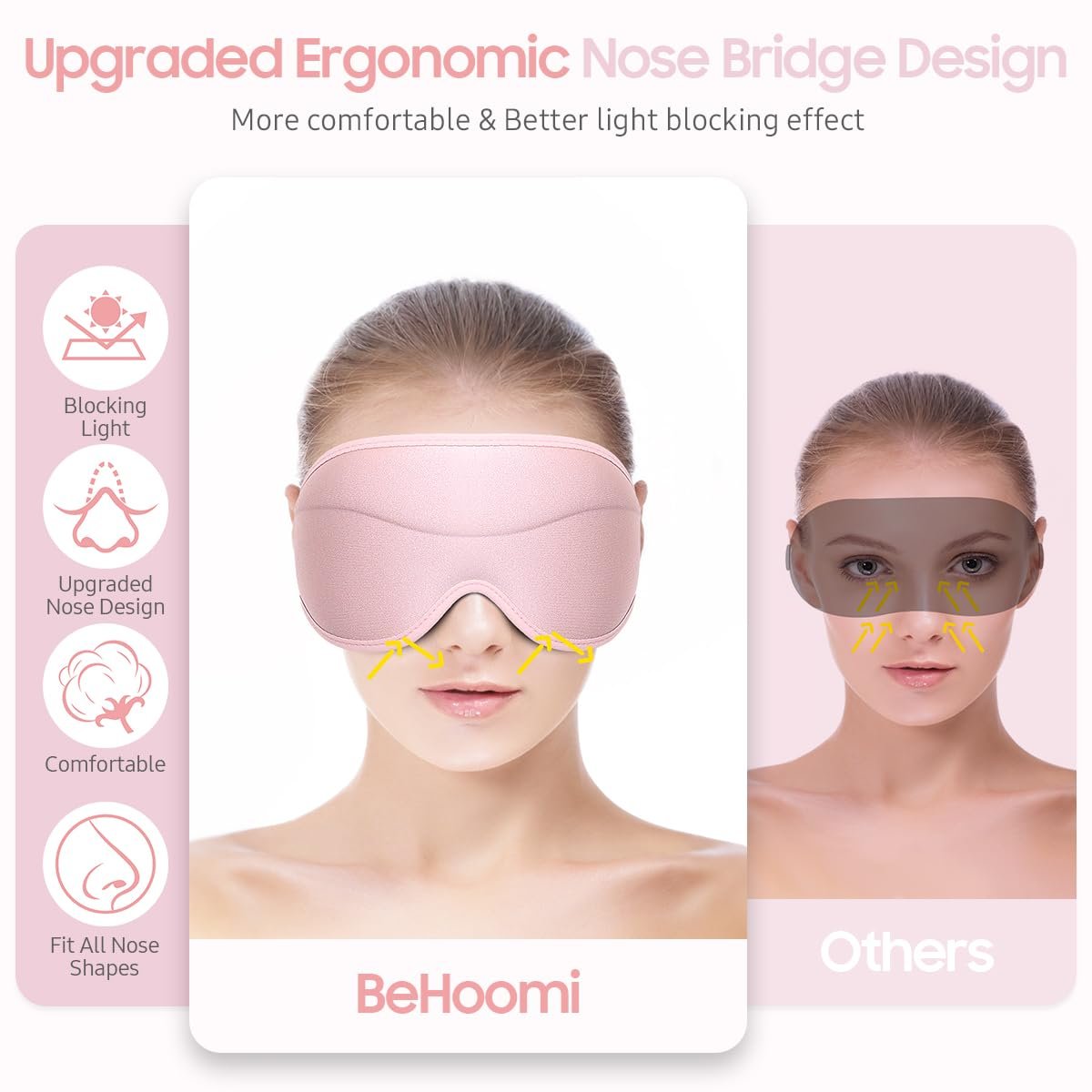 BeHoomi Schlafmaske – Premium Augenmaske für totales Blackout, superweicher Komfort, verstellbar, ergonomisches 3D-Design für Zuhause, Büro, Reisen, Meditation, Yoga, Pink