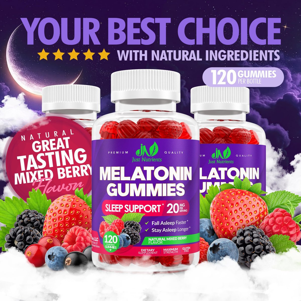 Melatonin 20mg Gummis (120 Stück) - Maximale Schlafunterstützung für Erwachsene mit 10mg Melatonin pro Gummy - Glutenfrei, Vegetarisch, Großartiger Geschmack von gemischten Beeren - 60 Portionen