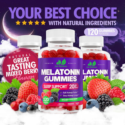 Melatonin 20mg Gummis (120 Stück) - Maximale Schlafunterstützung für Erwachsene mit 10mg Melatonin pro Gummy - Glutenfrei, Vegetarisch, Großartiger Geschmack von gemischten Beeren - 60 Portionen