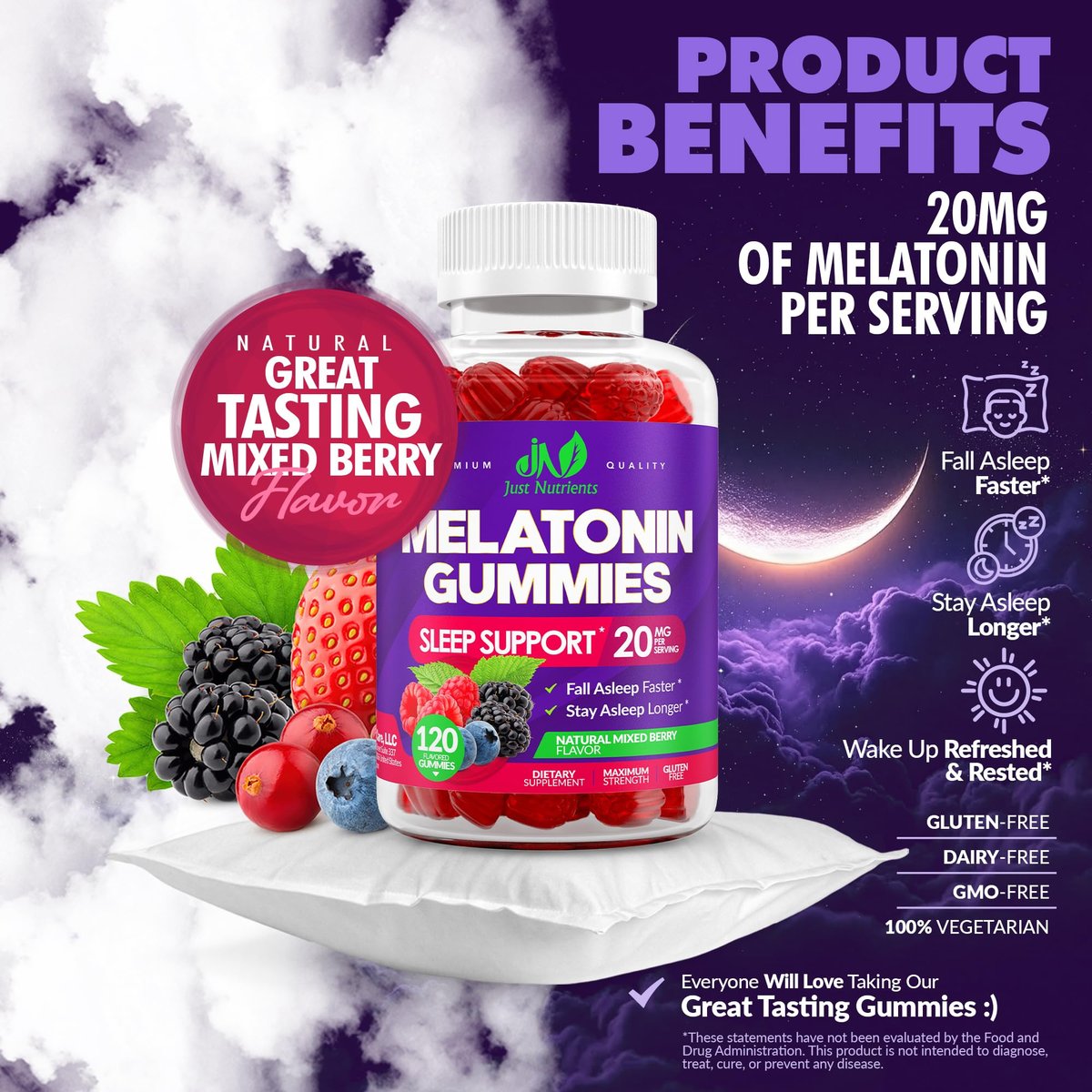 Melatonin 20mg Gummis (120 Stück) - Maximale Schlafunterstützung für Erwachsene mit 10mg Melatonin pro Gummy - Glutenfrei, Vegetarisch, Großartiger Geschmack von gemischten Beeren - 60 Portionen