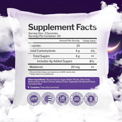 Melatonin 20mg Gummis (120 Stück) - Maximale Schlafunterstützung für Erwachsene mit 10mg Melatonin pro Gummy - Glutenfrei, Vegetarisch, Großartiger Geschmack von gemischten Beeren - 60 Portionen