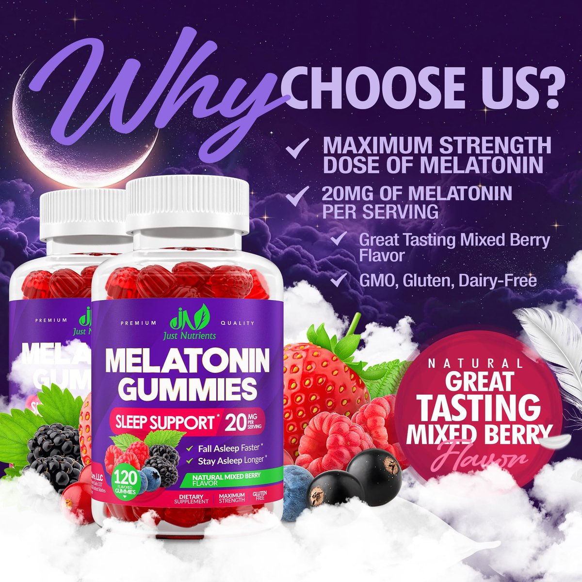 Melatonin 20mg Gummis (120 Stück) - Maximale Schlafunterstützung für Erwachsene mit 10mg Melatonin pro Gummy - Glutenfrei, Vegetarisch, Großartiger Geschmack von gemischten Beeren - 60 Portionen