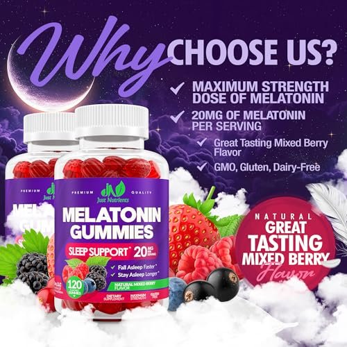 Melatonin 20mg Gummis (120 Stück) - Maximale Schlafunterstützung für Erwachsene mit 10mg Melatonin pro Gummy - Glutenfrei, Vegetarisch, Großartiger Geschmack von gemischten Beeren - 60 Portionen