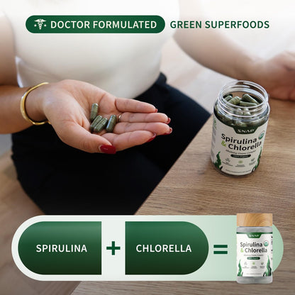 Snap Supplements Bio Spirulina & Chlorella – Proteinreiches Blaualgen-Superfood für Energie und Immununterstützung, 120 Kapseln (30 Portionen, 1 Monatsvorrat)