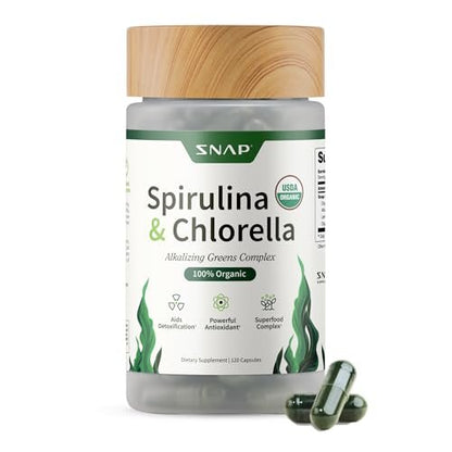 Snap Supplements Bio Spirulina & Chlorella – Proteinreiches Blaualgen-Superfood für Energie und Immununterstützung, 120 Kapseln (30 Portionen, 1 Monatsvorrat)