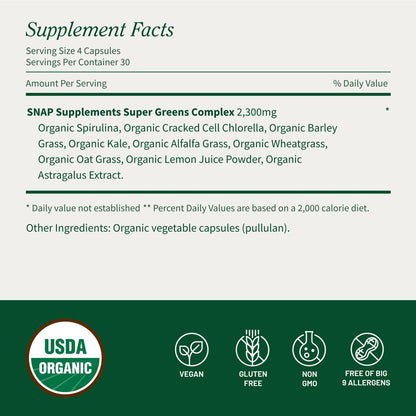 Snap Supplements Bio Spirulina & Chlorella – Proteinreiches Blaualgen-Superfood für Energie und Immununterstützung, 120 Kapseln (30 Portionen, 1 Monatsvorrat)