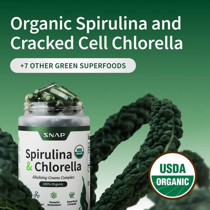 Snap Supplements Bio Spirulina & Chlorella – Proteinreiches Blaualgen-Superfood für Energie und Immununterstützung, 120 Kapseln (30 Portionen, 1 Monatsvorrat)