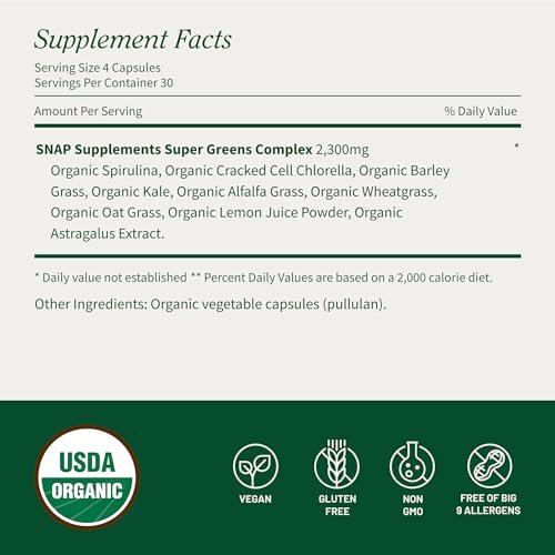 Snap Supplements Bio Spirulina & Chlorella – Proteinreiches Blaualgen-Superfood für Energie und Immununterstützung, 120 Kapseln (30 Portionen, 1 Monatsvorrat)