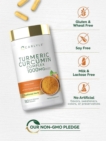 Carlyle Curcumin mit schwarzem Pfeffer | 180 Kapseln | Kurkuma Komplex Nahrungsergänzung | Non-GMO, Glutenfrei