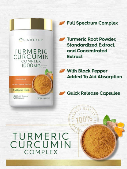 Carlyle Curcumin mit schwarzem Pfeffer | 180 Kapseln | Kurkuma Komplex Nahrungsergänzung | Non-GMO, Glutenfrei