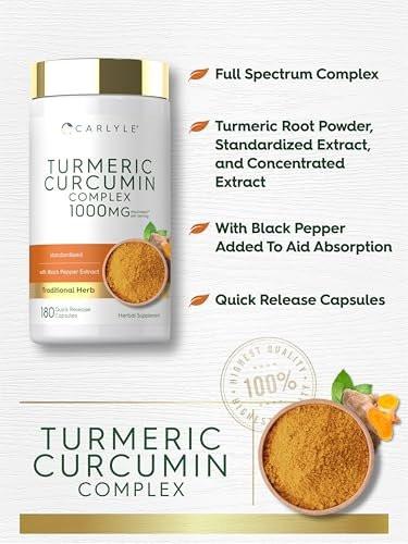 Carlyle Curcumin mit schwarzem Pfeffer | 180 Kapseln | Kurkuma Komplex Nahrungsergänzung | Non-GMO, Glutenfrei