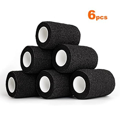 YAXEON Selbstklebender Verband 6 Rollen 3" x 5 Yards - Medizinisches Tape, Vettape, Sporttape für Sportverletzungen, Knöchel (Schwarz)
