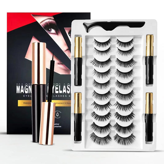 Magnetische Wimpern, Natürlicher Look, 10 Paar Wiederverwendbare Augenwimpern mit 4 Tuben Eyeliner und Pinzette