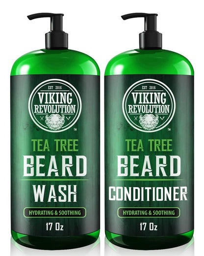 Viking Revolution Teebaumöl Bartwäsche und Bartpflege Set für Männer - Natürlicher Bartweichmacher mit Arganöl, Vitamin E und Ginseng - Bartshampoo und Conditioner Set (17 Oz)