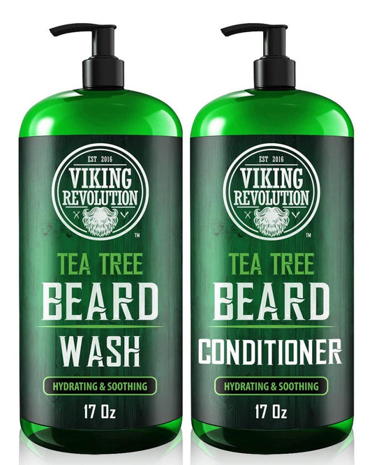 Viking Revolution Teebaumöl Bartwäsche und Bartpflege Set für Männer - Natürlicher Bartweichmacher mit Arganöl, Vitamin E und Ginseng - Bartshampoo und Conditioner Set (17 Oz)